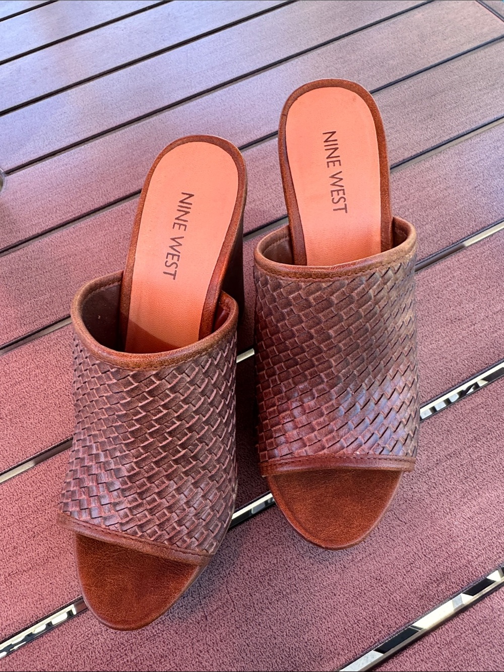 Nine West Brown Woven Open-Toe Slide Mules